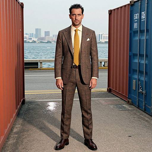Photograph of a man in a brown checkered suit, yellow tie, and white pocket square, standing between red and blue shipping containers, with a