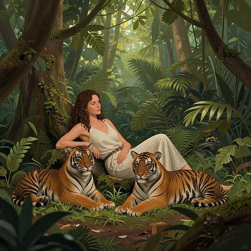 Digital illustration of a woman with wavy brown hair, wearing a white dress, reclining among lush jungle foliage, flanked by two tiger cubs
