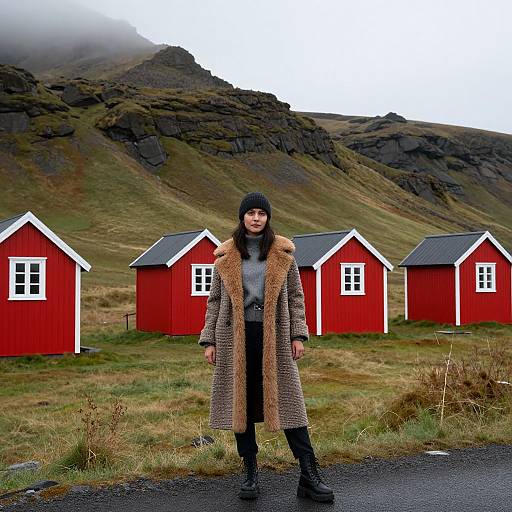 Stylish Woman by Red Cabins in Iceland