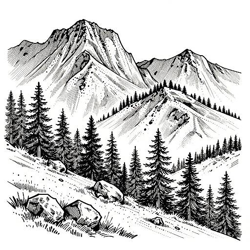 Intricate Black and White Mountain Sketch