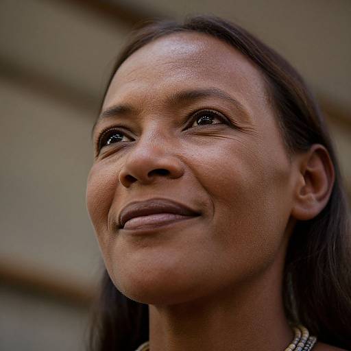 Close-up photograph of a smiling African-American woman with dark brown skin, straight black hair, and small earrings, looking upward with gentle expression. Blurred