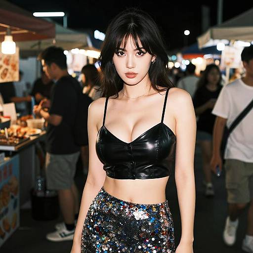 Woman in Black Leather Crop Top at Night Market