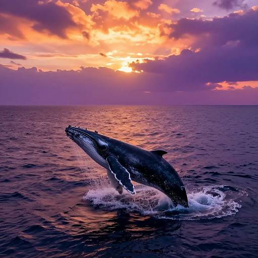 Photograph of a massive humpback whale leaping out of dark purple ocean water during a vibrant sunset with orange and pink clouds.