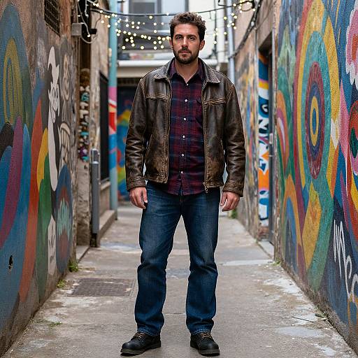 Photograph of a bearded man with dark hair, wearing a brown leather jacket, plaid shirt, and blue jeans, standing in a narrow,