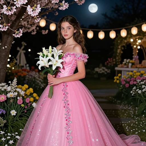 Photograph of a young woman with long brown hair in an off-shoulder pink floral gown, holding white lilies, standing in a moonlit