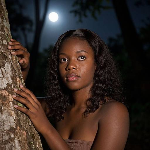 Photograph of a dark-skinned woman with wavy black hair, wearing a strapless top, standing in a moonlit forest, holding a tree