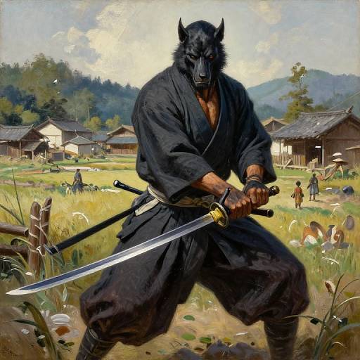 Digital painting of a muscular, black-furred werewolf warrior in a dark kimono, holding a katana, standing in a sunlit rural village