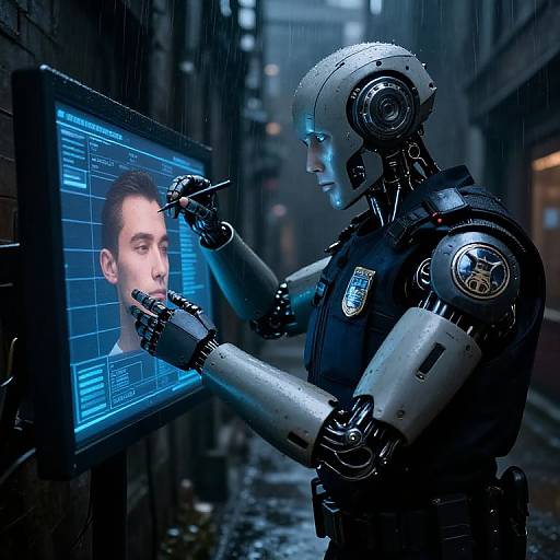 Photorealistic CGI: Cybernetic police robot in rain, adjusting facial recognition interface with image of smiling man on glowing blue screen. Urban alleyway