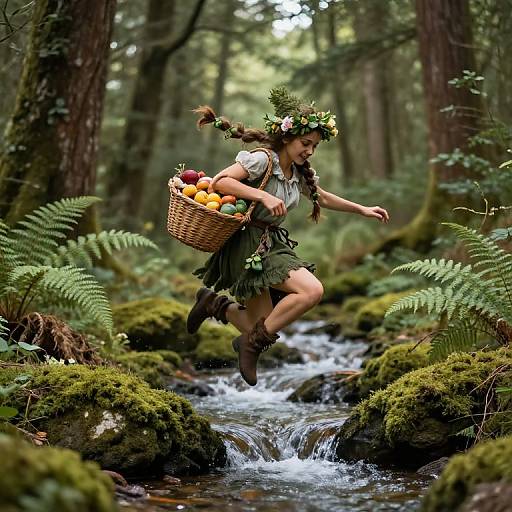 Photograph of a fair-skinned woman with braided hair, wearing a leafy crown and green dress, jumping over a mossy forest stream,