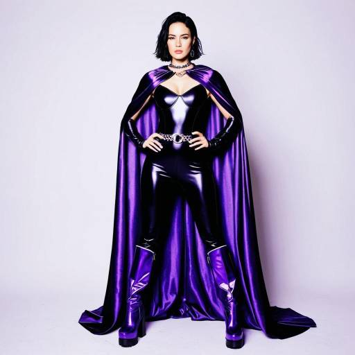 Confident Woman in Black Bodysuit with Purple Cape