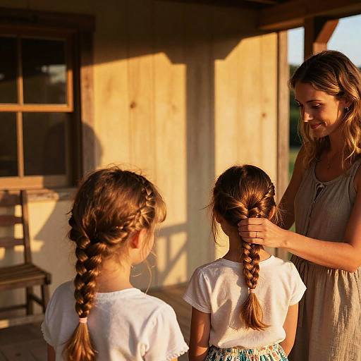 Mom Braiding Daughter's Hair at Golden Hour