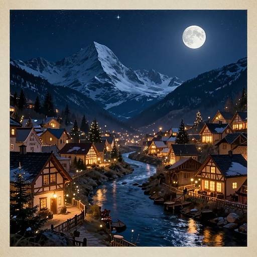 Photograph of a snow-covered, illuminated village at night, with a bright full moon over a mountainous, starry sky, and warm lights reflecting