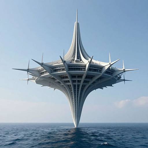 Photorealistic CGI of a futuristic, white, spire-shaped oceanic ship with multiple wing-like protrusions, floating on calm blue sea against a