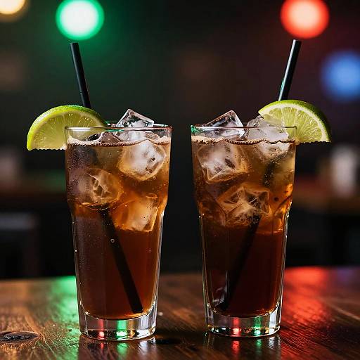Photograph of two dark brown iced drinks with ice cubes, black straws, and lime slices, on a wooden table with colorful blurred lights in