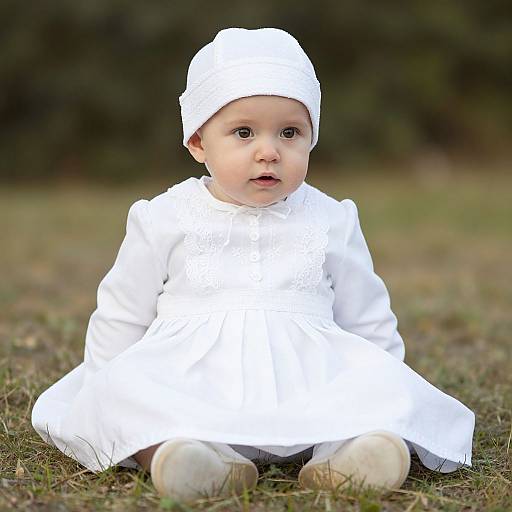 Photograph of a baby with fair skin, wearing a white traditional outfit and head covering, sitting on grass with a blurred green background.