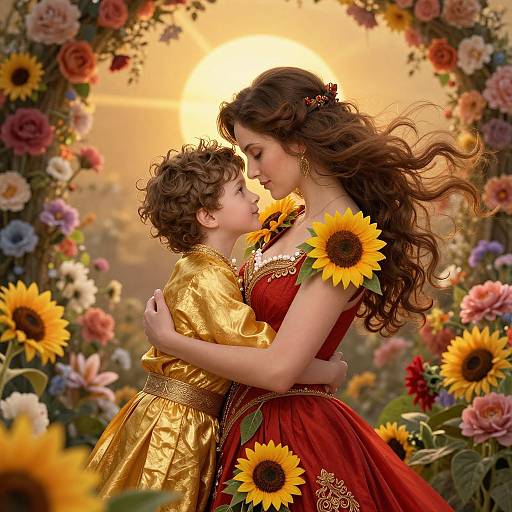 Photographic-style digital artwork of a fair-skinned woman in a red dress with sunflowers, embracing a curly-haired child in a gold dress, set