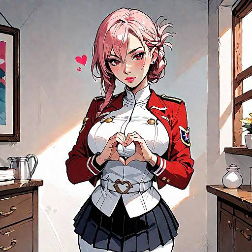 Expressionless Pink-Haired Soldier with Heart Hands