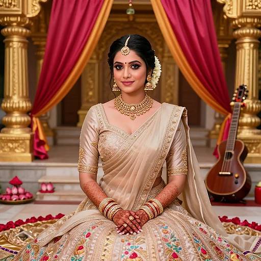 Photograph of an Indian bride in a gold-embroidered cream sari, seated in an ornate, red-curtained temple, wearing