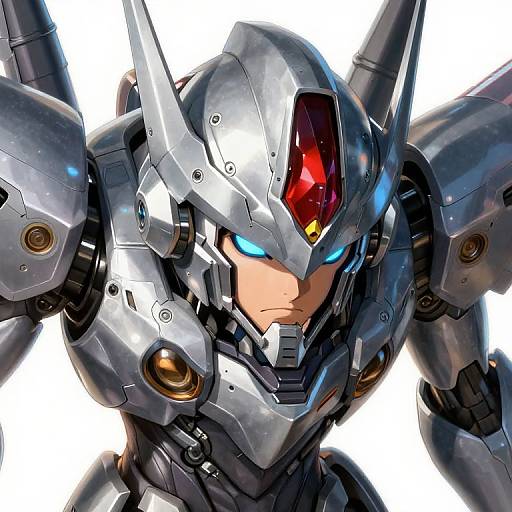 Digital artwork of a futuristic, silver, armored mecha with glowing blue eyes, red gem on forehead, and metallic wings against a white background.