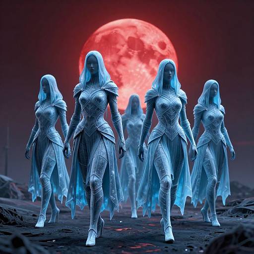 CGI image of five blue-lit, armored, hooded warrior women walking towards a large red moon in a dark, desolate landscape.