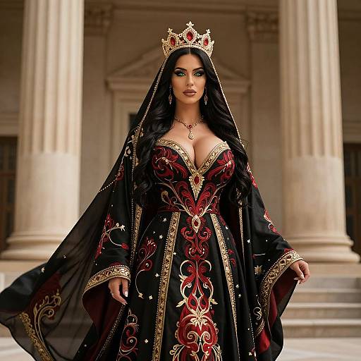 Photograph of a regal woman with dark hair, wearing a gold crown, black and red embroidered gown, and veil, standing in front of classical