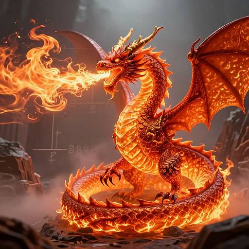 Digital art of a fiery red dragon with glowing scales, fierce expression, and flaming breath, coiled amidst smoky ruins.