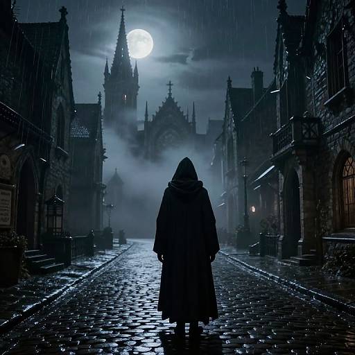 Dark, gothic city street at night, illuminated by full moon. Silhouetted figure in hooded cloak stands center, rain falling. Maj