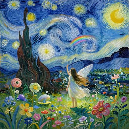 Vibrant digital painting of a fairy with white wings, flowing dress, and raised arm, standing in a colorful flower field under a swirling, star