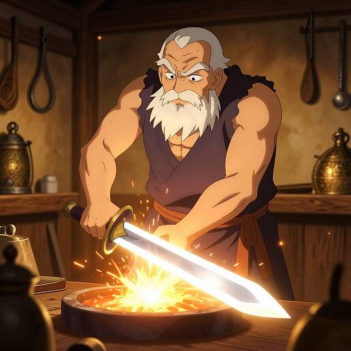 Muscular, white-bearded old man with intense expression, wearing dark robe, forges sword in dimly lit medieval kitchen, sparks flying. Digital