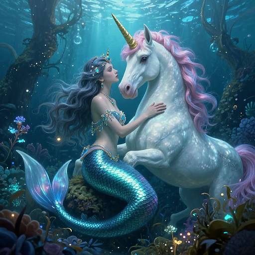 Surreal Mermaid and Unicorn Embrace