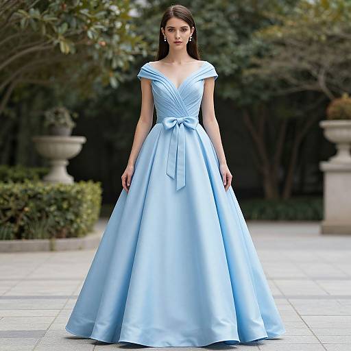 Photograph of a slender, fair-skinned woman with long dark hair, wearing a light blue, V-neck, off-the-shoulder, satin