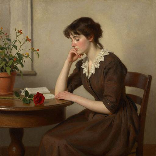 Victorian-era painting of a pensive woman in a dark brown dress with lace collar, sitting at a wooden table with a potted plant, rose