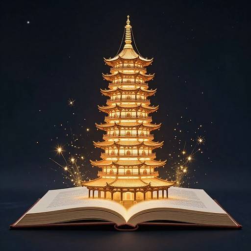 Photograph of a glowing, multi-tiered traditional Chinese pagoda emerging from an open book against a dark, starry background.