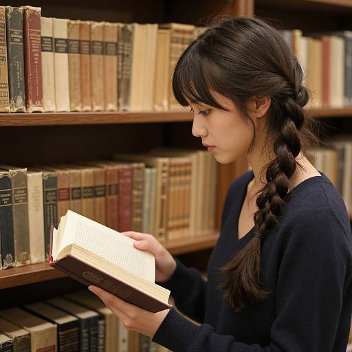 Photograph of a young woman with dark hair in a braid, wearing a black sweater, reading a book in a library. Shelves of old