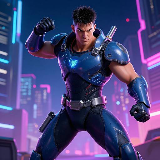 CGI image of a muscular, black-haired man in futuristic blue armor with glowing emblem, standing confidently in neon-lit cityscape.