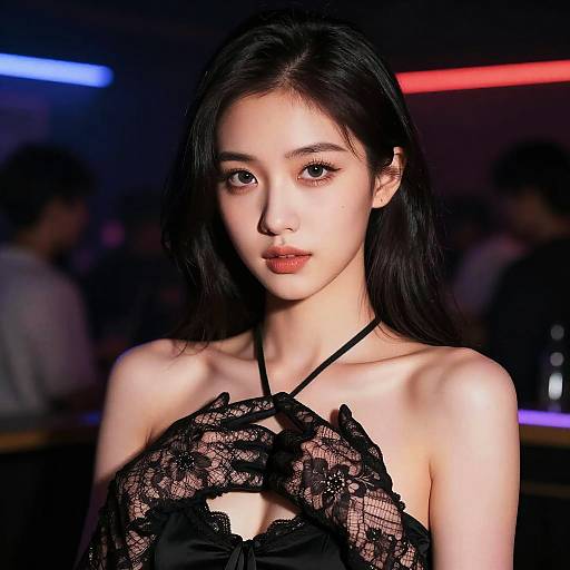 Photograph of an Asian woman with long black hair, wearing a black lace halter top, standing in a dimly lit bar with neon lights in