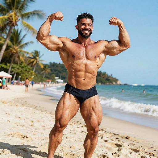 Triumphant Brazilian Bodybuilder on Beach