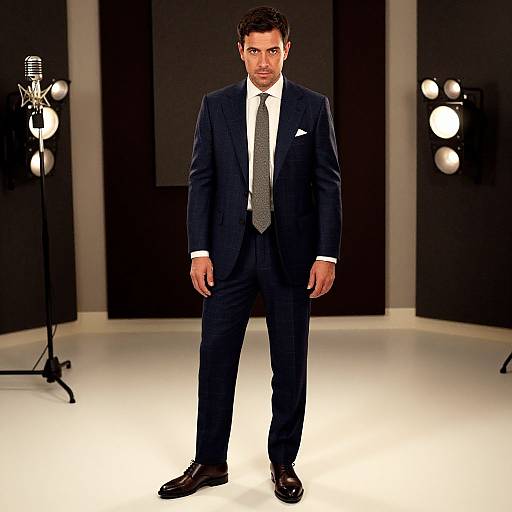 Photograph of a handsome, dark-haired man in a black suit, white shirt, and gray tie, standing confidently on a white stage with black background