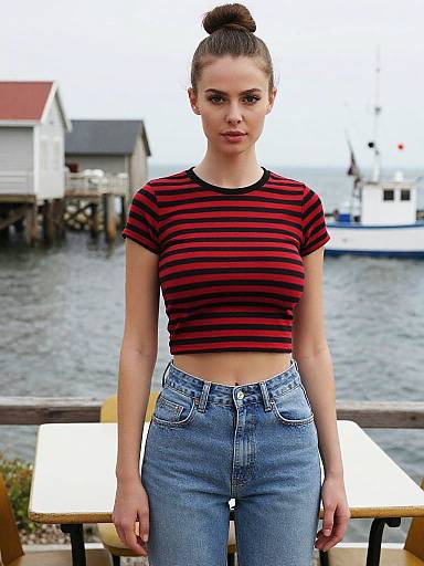 Woman in Striped Crop Top by the Seaside