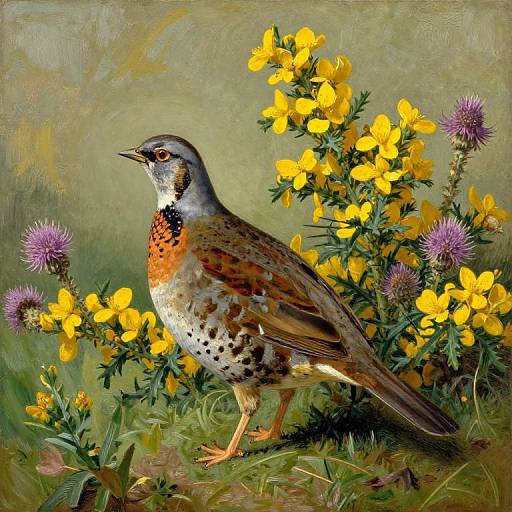 Digital painting of a colorful American Goldfinch with orange chest, brown and white wings, standing amid vibrant yellow flowers and purple thistles.