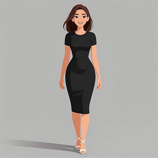 Digital illustration of a smiling woman with medium-length brown hair, wearing a form-fitting black dress and white sandals, standing against a light blue background.