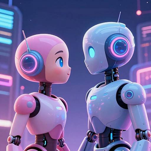 Digital CGI of two futuristic, humanoid robots with glowing blue and pink accents, facing each other in a neon-lit, cyberpunk cityscape.