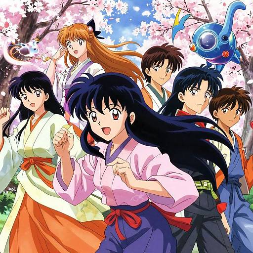 Anime-style illustration of six characters in traditional Japanese clothing, standing in front of cherry blossom trees with a blue creature. Bright colors, energetic poses, and