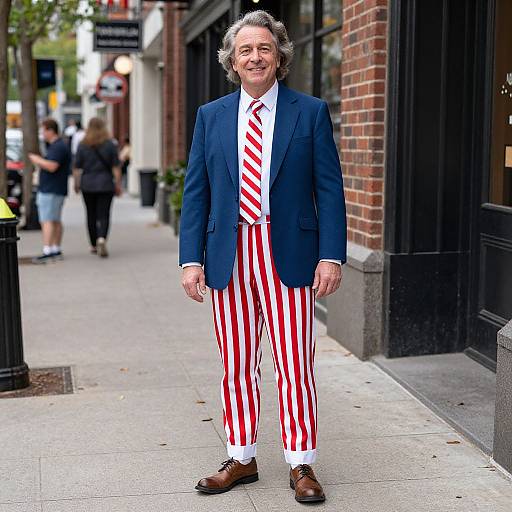 Photograph of a middle-aged man with gray hair, wearing a navy blazer, white shirt, red-and-white striped pants, and brown shoes,