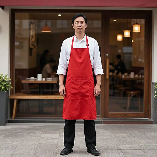 Photograph of an Asian male chef standing outside a restaurant, wearing a white shirt, red apron, black pants, and black shoes. Background: