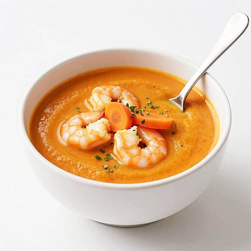 Photograph of a white bowl filled with vibrant orange shrimp and carrot soup, garnished with chopped parsley, and a silver spoon on the right.