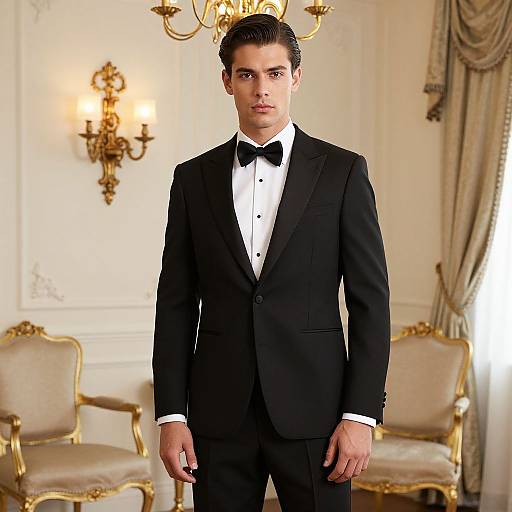 Photograph of a young man with dark hair, wearing a black tuxedo with a bow tie, standing in an elegant, ornate room with
