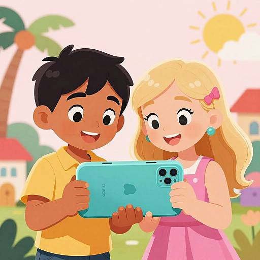 Cartoon-style illustration of a smiling brown-skinned boy with black hair and yellow shirt, and a blonde girl with pink bow, holding a blue tablet