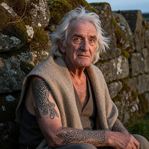 Photograph of an elderly white man with white hair, intricate arm tattoos, and a beige woolen cloak, sitting against a mossy stone wall,
