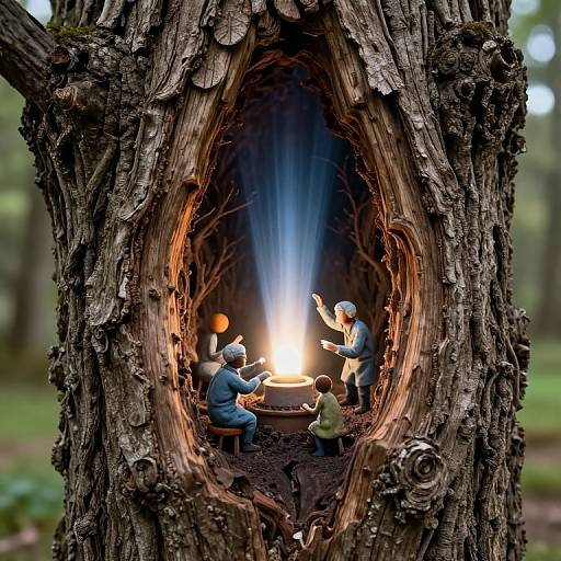 Photograph of miniature people around a campfire inside a hollow, textured tree trunk, with sunlight streaming in, surrounded by a forest.